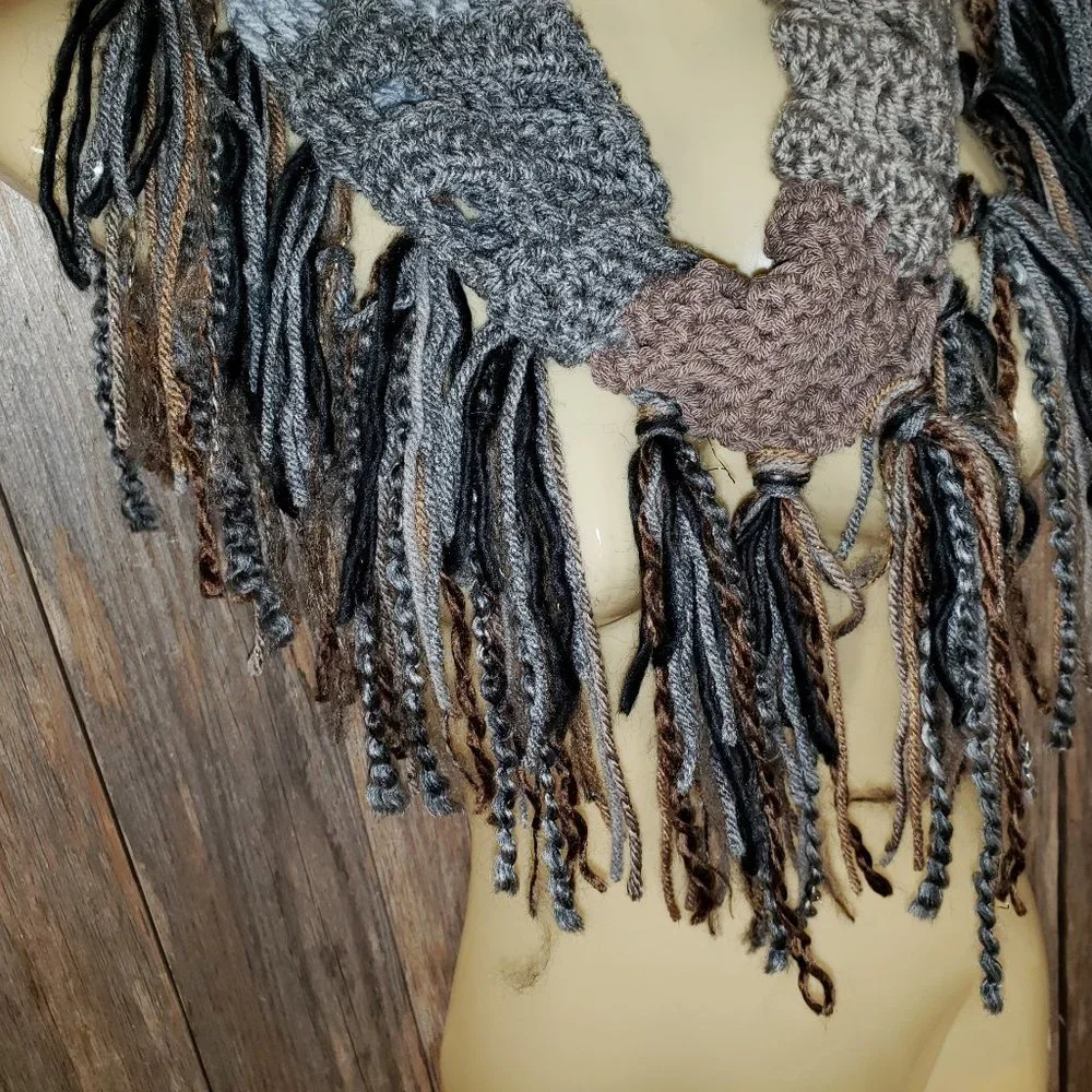 NEW Hand Crochet Gray Taupe Black Cowl Scarf‎ Boho Fringe Hippie Fairy Grunge